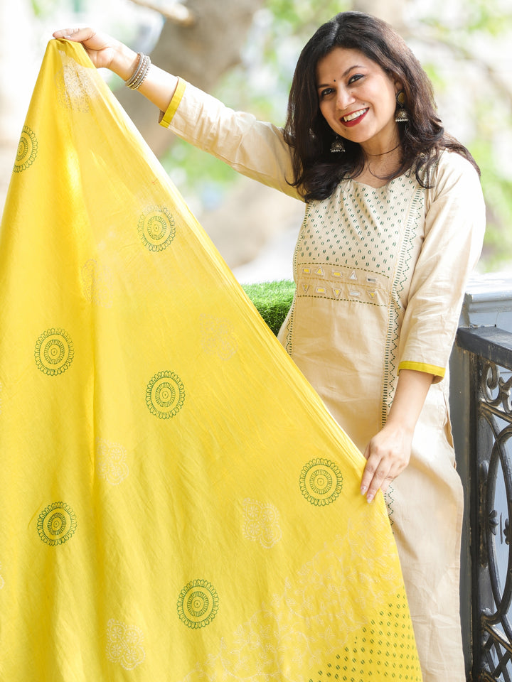 Roobi Frappe Beige Block Print Neck with Mirror Work Cotton 3 Piece Set