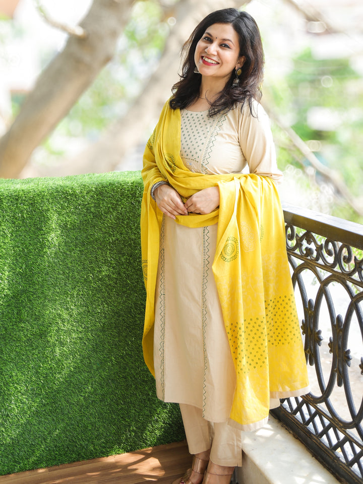 Roobi Frappe Beige Block Print Neck with Mirror Work Cotton 3 Piece Set