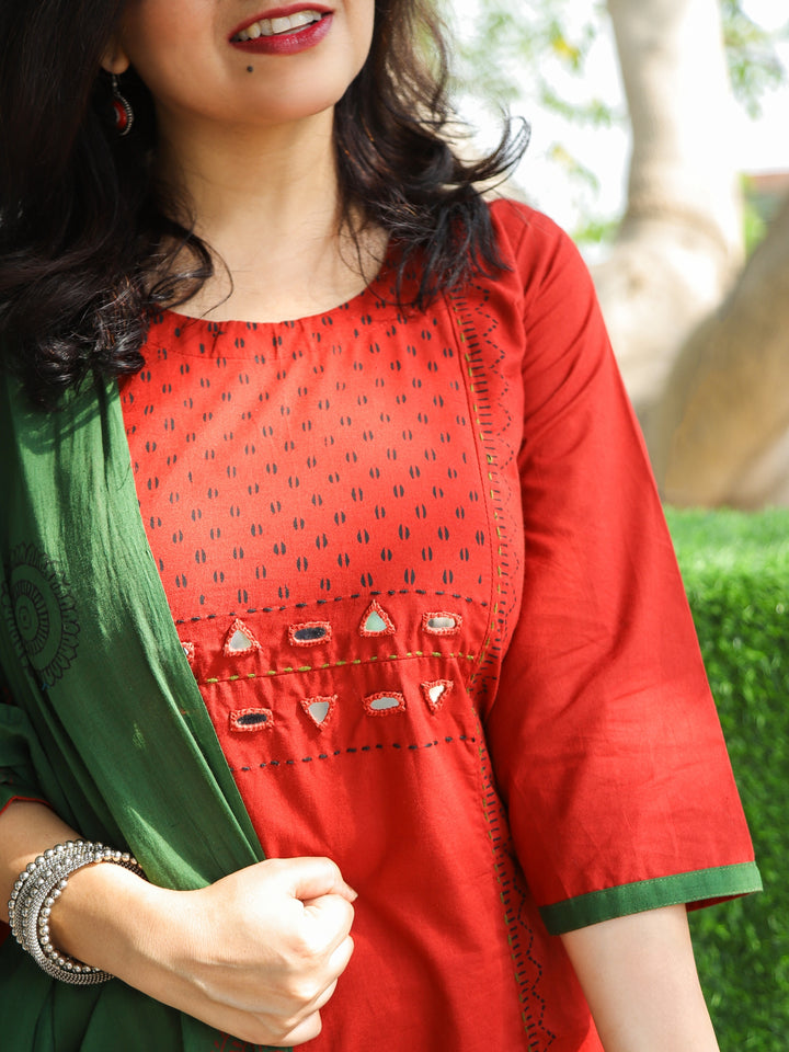 Roobi Maroon Red Block Print Neck with Mirror Work Cotton 3 Piece Set