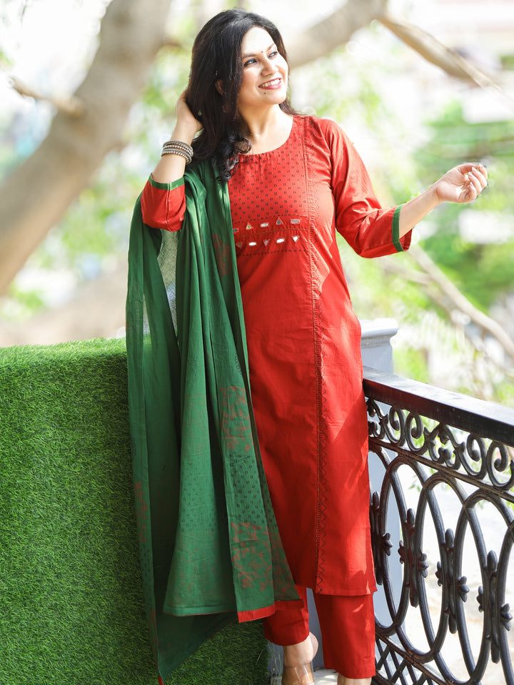 Roobi Maroon Red Block Print Neck with Mirror Work Cotton 3 Piece Set