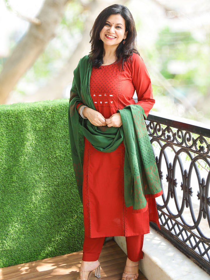 Roobi Maroon Red Block Print Neck with Mirror Work Cotton 3 Piece Set