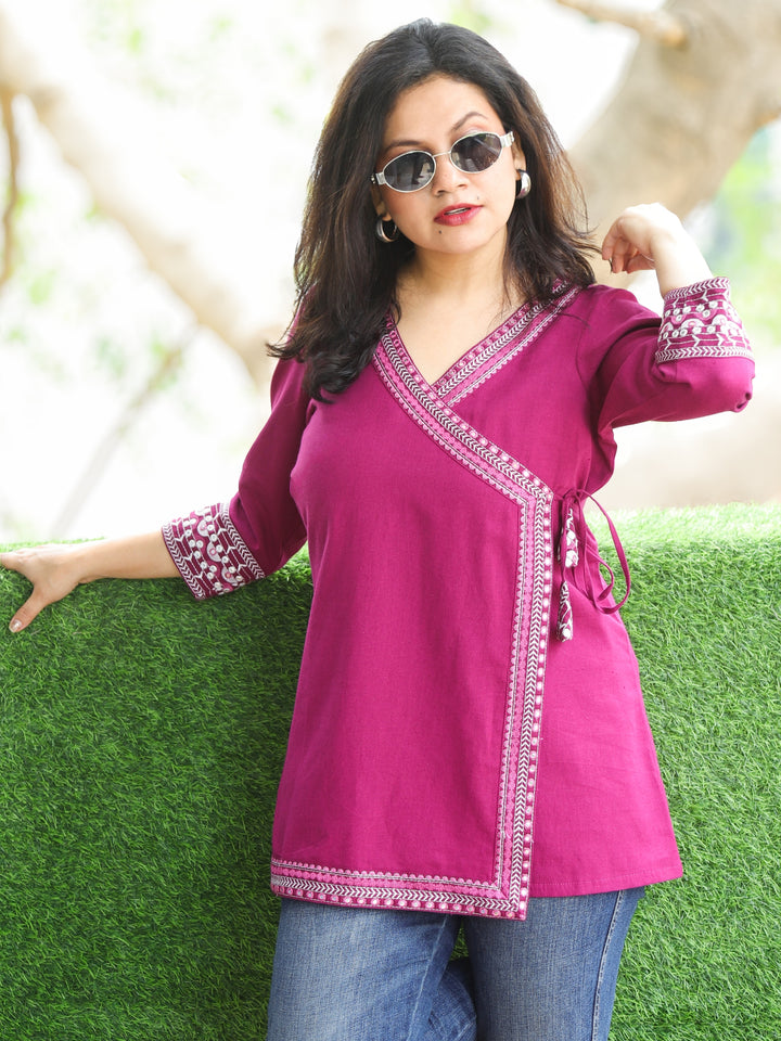 Rooprani Magenta Purple Angrakha Embellish Neck and Sleeve Work Short Cotton Kurti