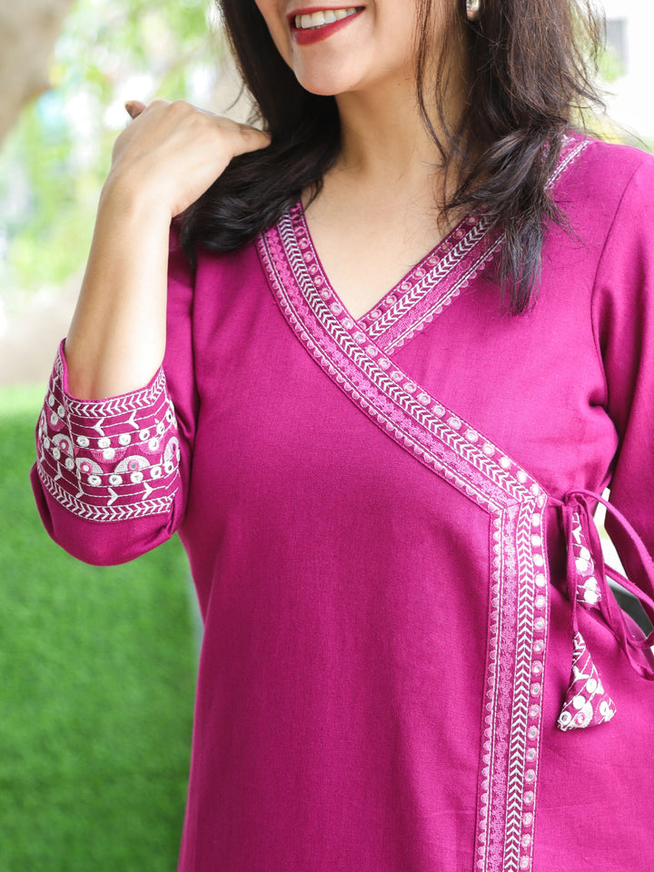 Rooprani Magenta Purple Angrakha Embellish Neck and Sleeve Work Short Cotton Kurti