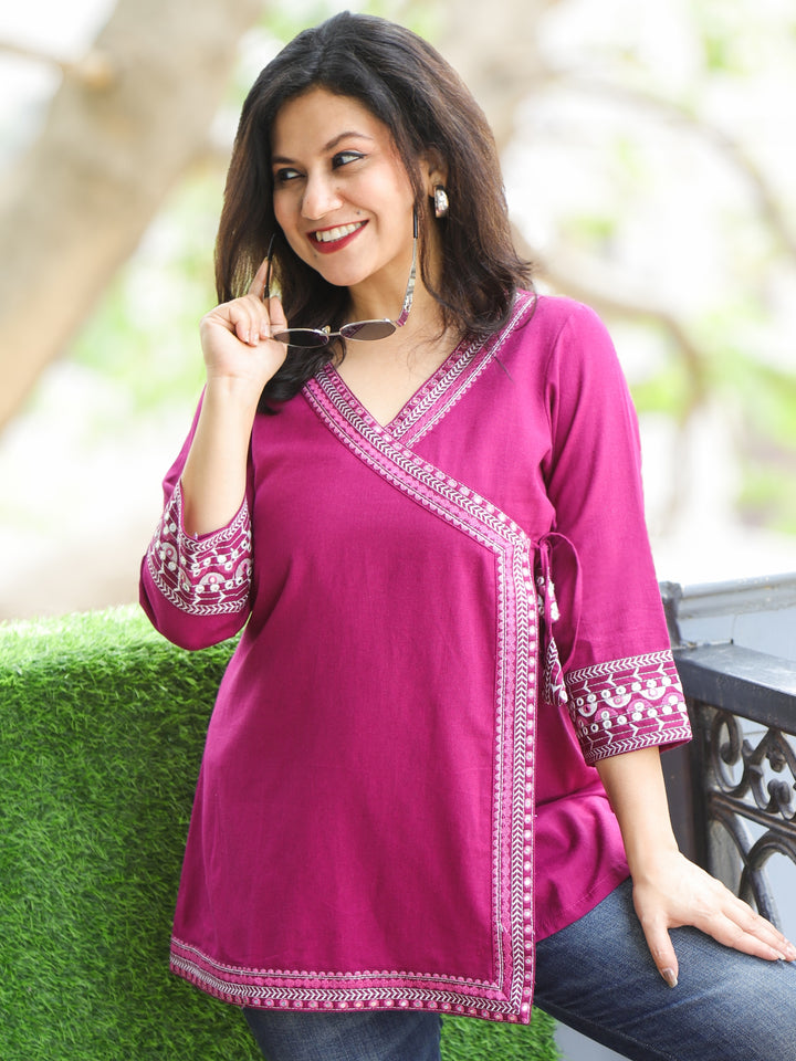 Rooprani Magenta Purple Angrakha Embellish Neck and Sleeve Work Short Cotton Kurti