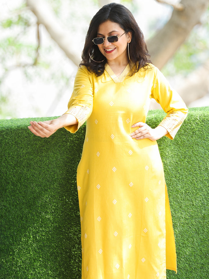 Rooprani Beetle Yellow V Neck with All Over Thread Buti Work Cotton Kurti