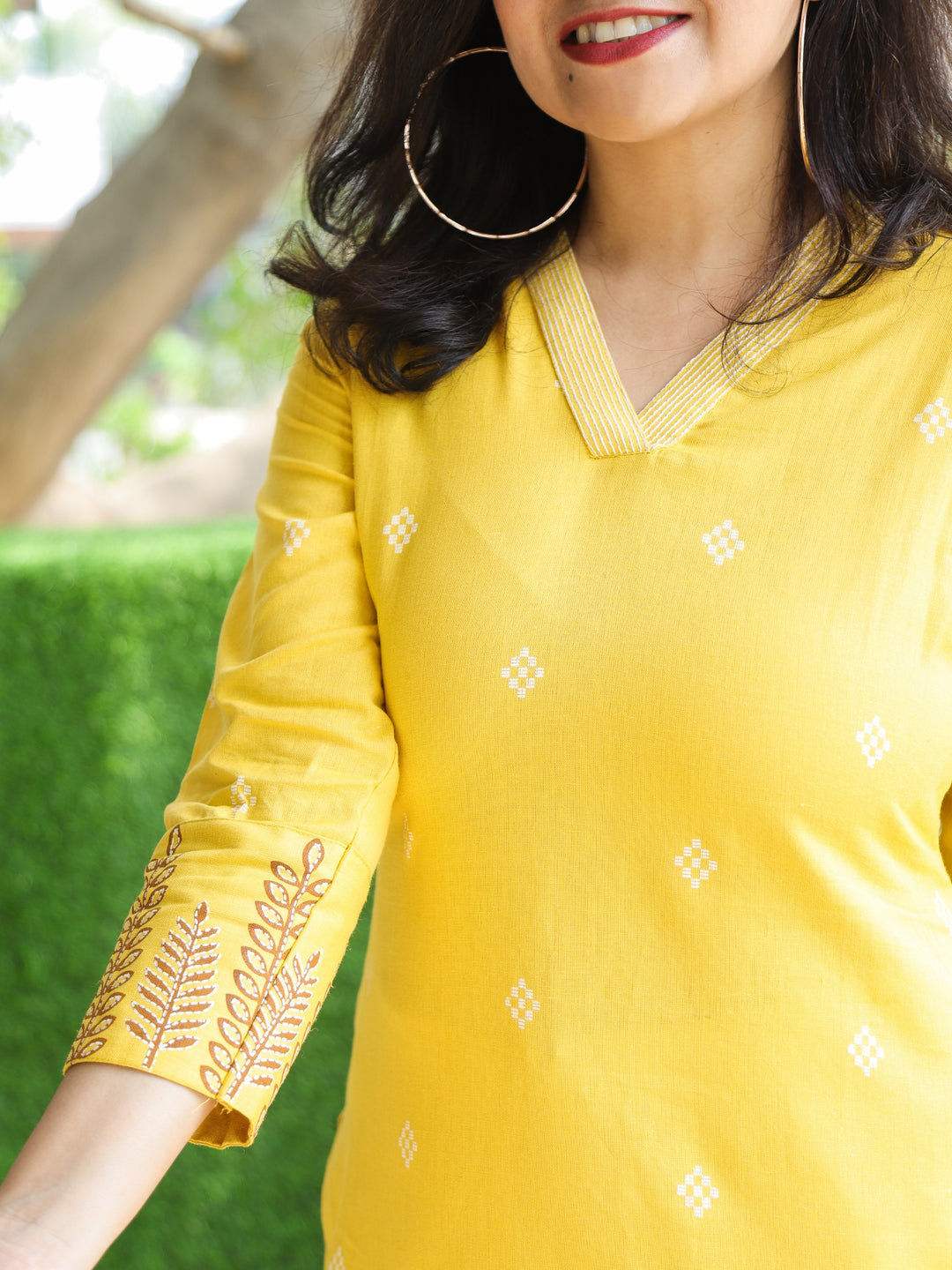 Rooprani Beetle Yellow V Neck with All Over Thread Buti Work Cotton Kurti