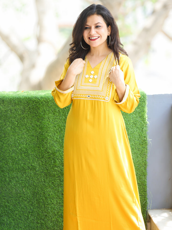 Qawali Bee Yellow Thread Work Neck with Mirror Detailing Cotton Silk 2 Piece Set