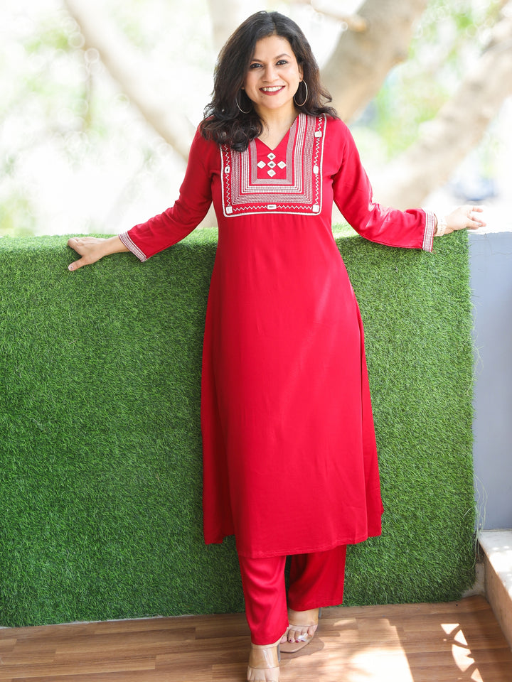 Qawali Berry Red Thread Work Neck with Mirror Detailing Cotton Silk 2 Piece Set