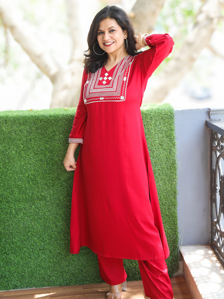 Qawali Berry Red Thread Work Neck with Mirror Detailing Cotton Silk 2 Piece Set