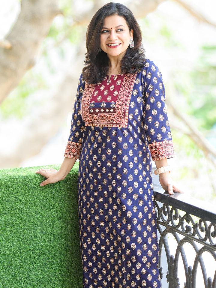 Neelbarri Indigo Blue Gujjri Print Red Patch With Mirror Work Cotton Kurti