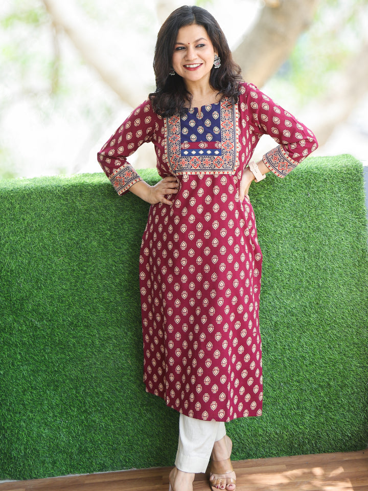 Neelbarri Cranberry Red Gujjri Print Blue Patch With Mirror Work Cotton Kurti