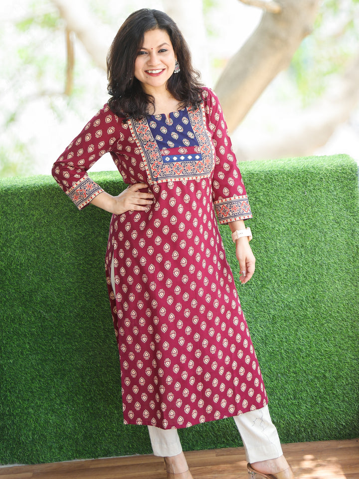 Neelbarri Cranberry Red Gujjri Print Blue Patch With Mirror Work Cotton Kurti