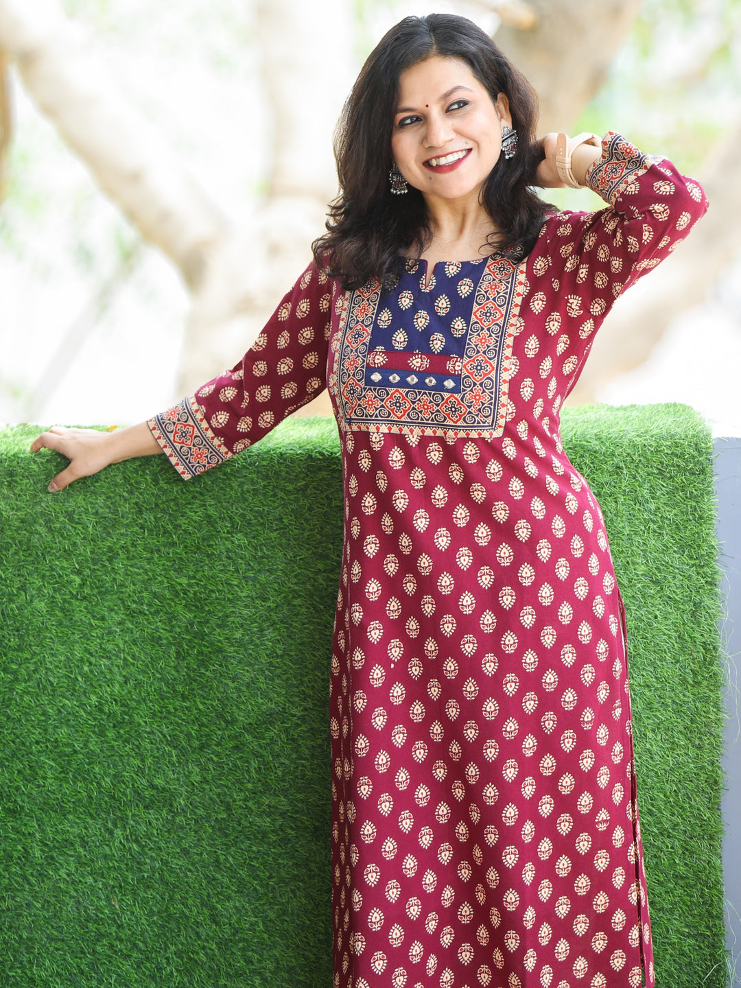 Neelbarri Cranberry Red Gujjri Print Blue Patch With Mirror Work Cotton Kurti