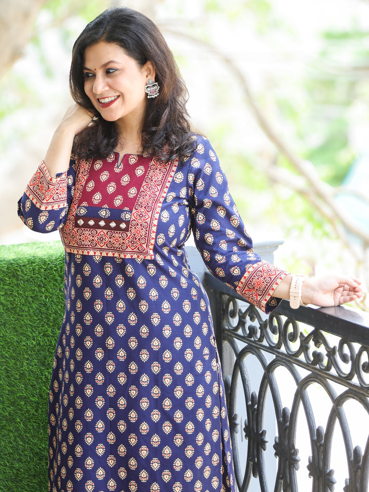 Neelbarri Indigo Blue Gujjri Print Red Patch With Mirror Work Cotton Kurti