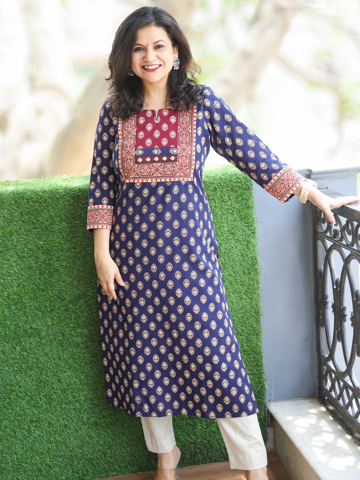 Neelbarri Indigo Blue Gujjri Print Red Patch With Mirror Work Cotton Kurti