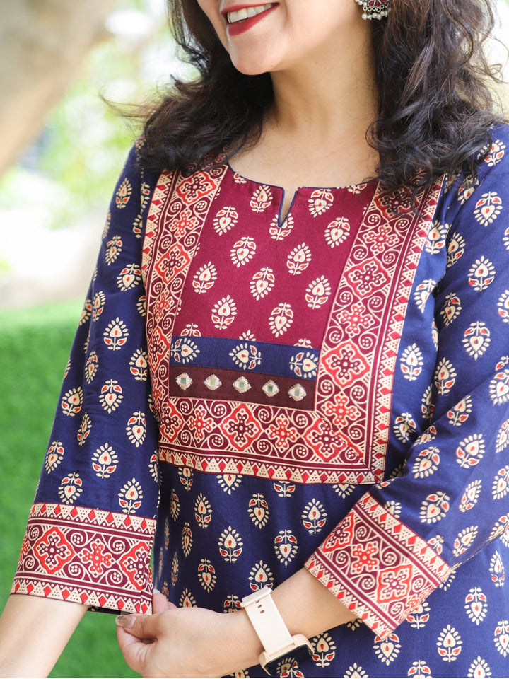 Neelbarri Indigo Blue Gujjri Print Red Patch With Mirror Work Cotton Kurti