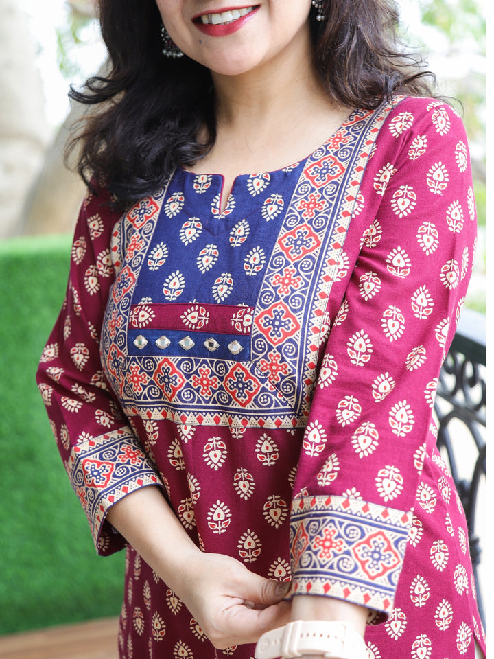 Neelbarri Cranberry Red Gujjri Print Blue Patch With Mirror Work Cotton Kurti