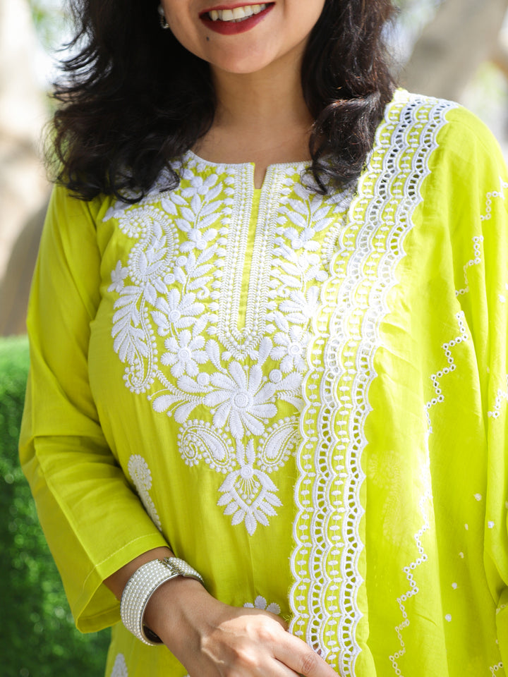 Neelamber Mint Green Chikankari Inspired Neck Thread Work Cotton 3 Piece Set