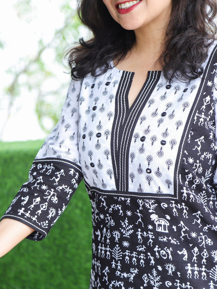 Neelamber Ebony Black with White Patch Mirro Work in Verli Printed Cotton Kurti
