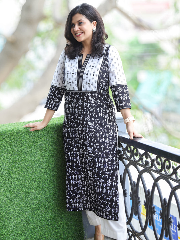 Neelamber Ebony Black with White Patch Mirro Work in Verli Printed Cotton Kurti