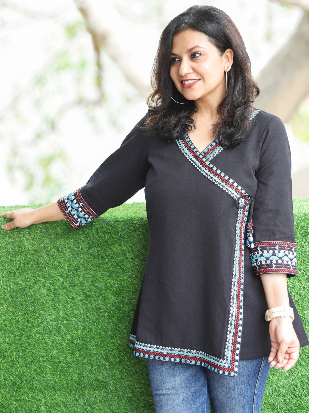 Rooprani Oil Black Angrakha Embellish Neck and Sleeve Short Cotton Flex Kurti