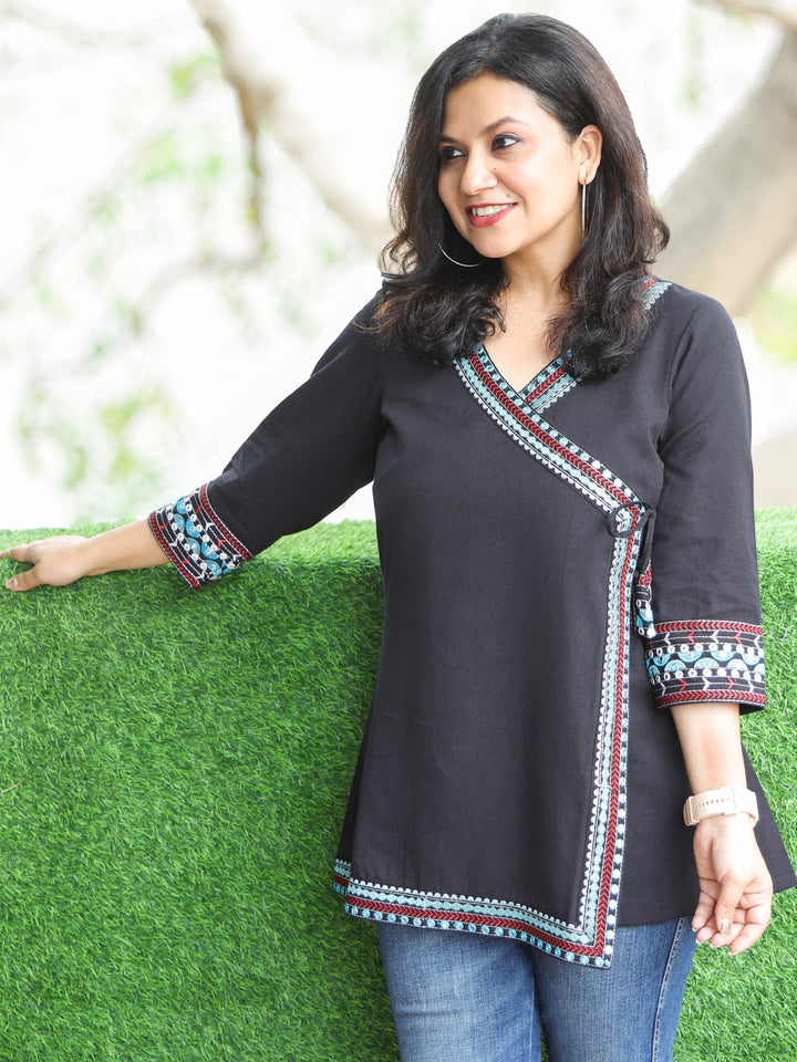 Rooprani Oil Black Angrakha Embellish Neck and Sleeve Short Cotton Flex Kurti