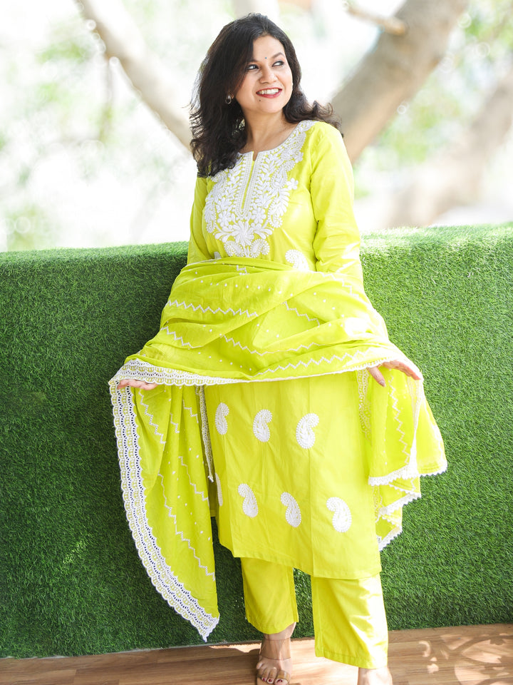 Neelamber Mint Green Chikankari Inspired Neck Thread Work Cotton 3 Piece Set