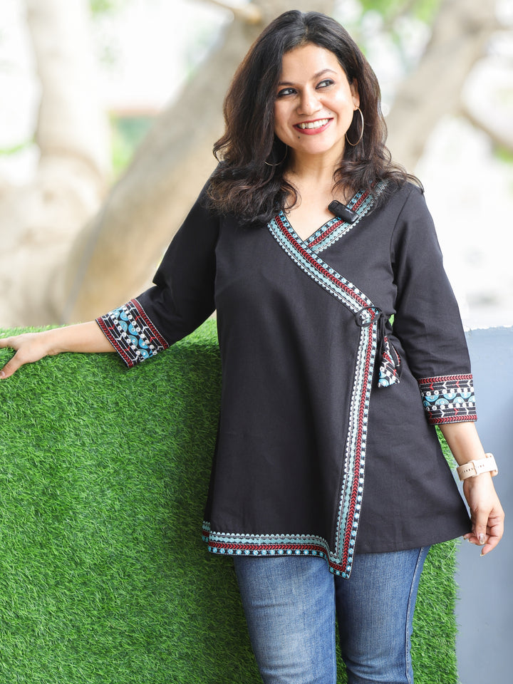 Rooprani Oil Black Angrakha Embellish Neck and Sleeve Short Cotton Flex Kurti