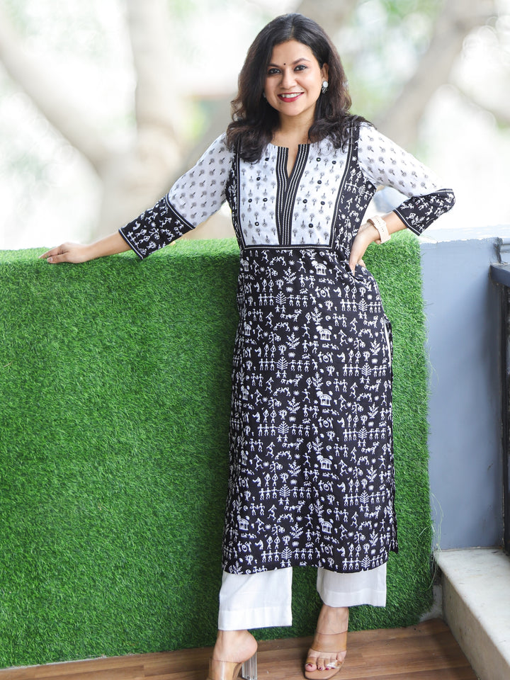 Neelamber Ebony Black with White Patch Mirro Work in Verli Printed Cotton Kurti