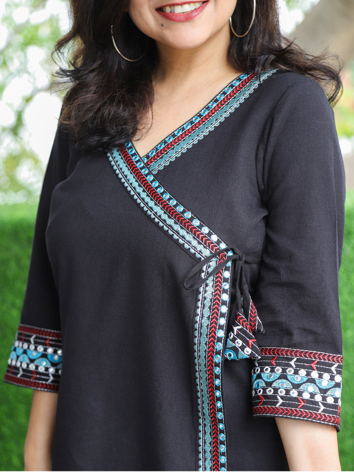Rooprani Oil Black Angrakha Embellish Neck and Sleeve Short Cotton Flex Kurti