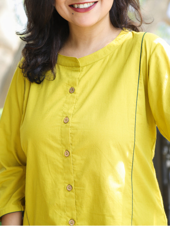 Rani Lemon Green Ban Collar with Piping and Button Work Short Cotton Shirt