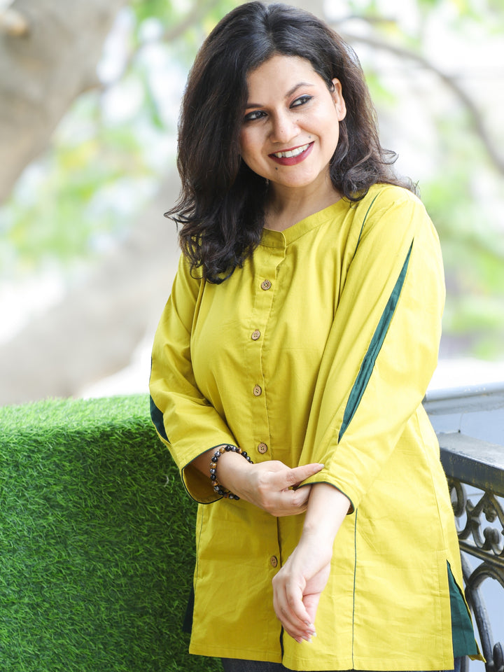 Rani Lemon Green Ban Collar with Piping and Button Work Short Cotton Shirt