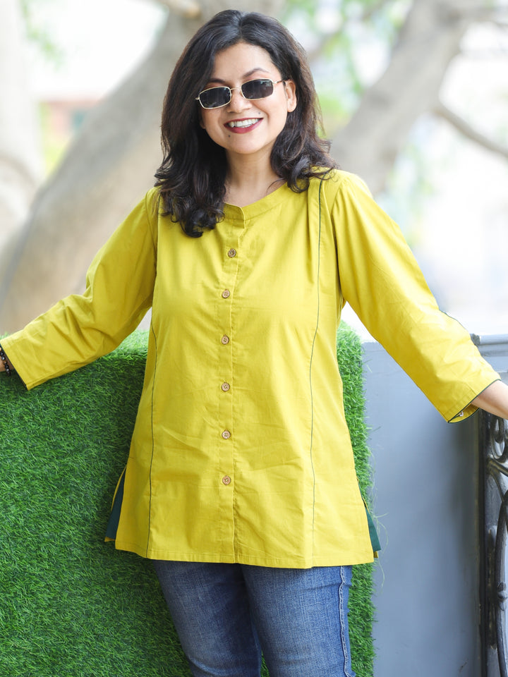 Rani Lemon Green Ban Collar with Piping and Button Work Short Cotton Shirt