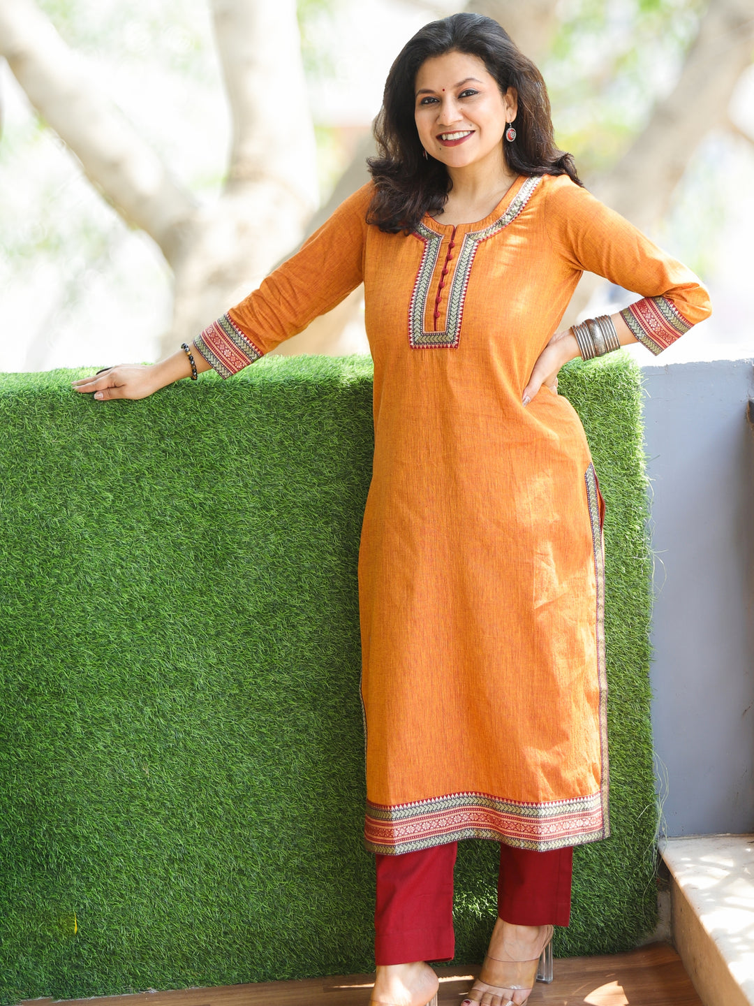 Sunaina Tangerine Orange Lace Work on Neck and Hem South Cotton Kurti