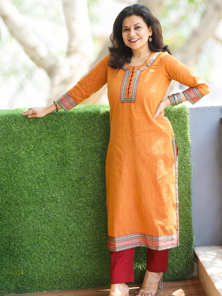 Sunaina Tangerine Orange Lace Work on Neck and Hem South Cotton Kurti