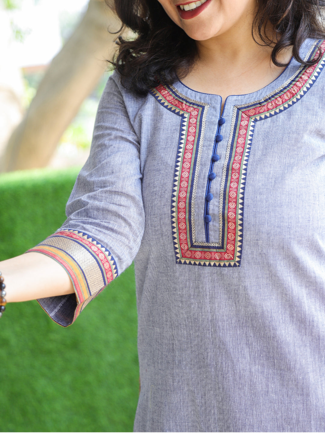 Sunaina Grayish Blue Lace Work on Neck and Hem South Cotton Kurti