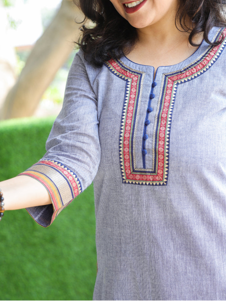 Sunaina Grayish Blue Lace Work on Neck and Hem South Cotton Kurti