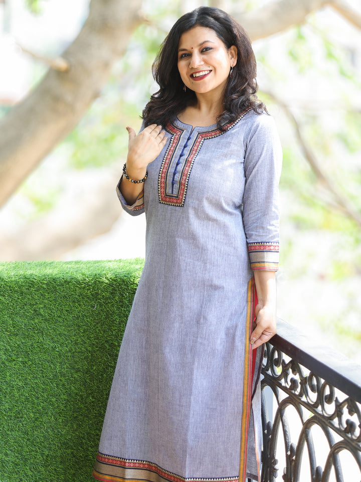 Sunaina Grayish Blue Lace Work on Neck and Hem South Cotton Kurti