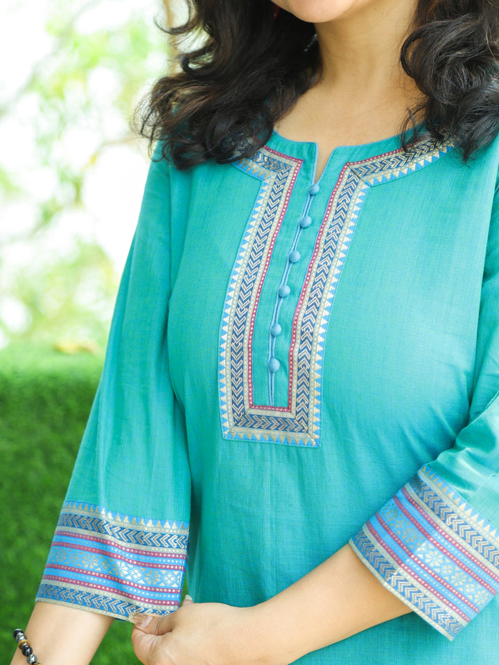 Sunaina Cool Cyan Aqua Lace Work on Neck and Hem South Cotton Kurti