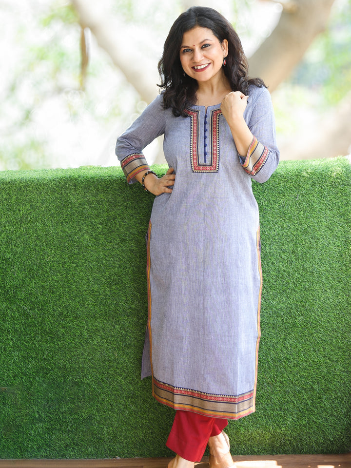 Sunaina Grayish Blue Lace Work on Neck and Hem South Cotton Kurti