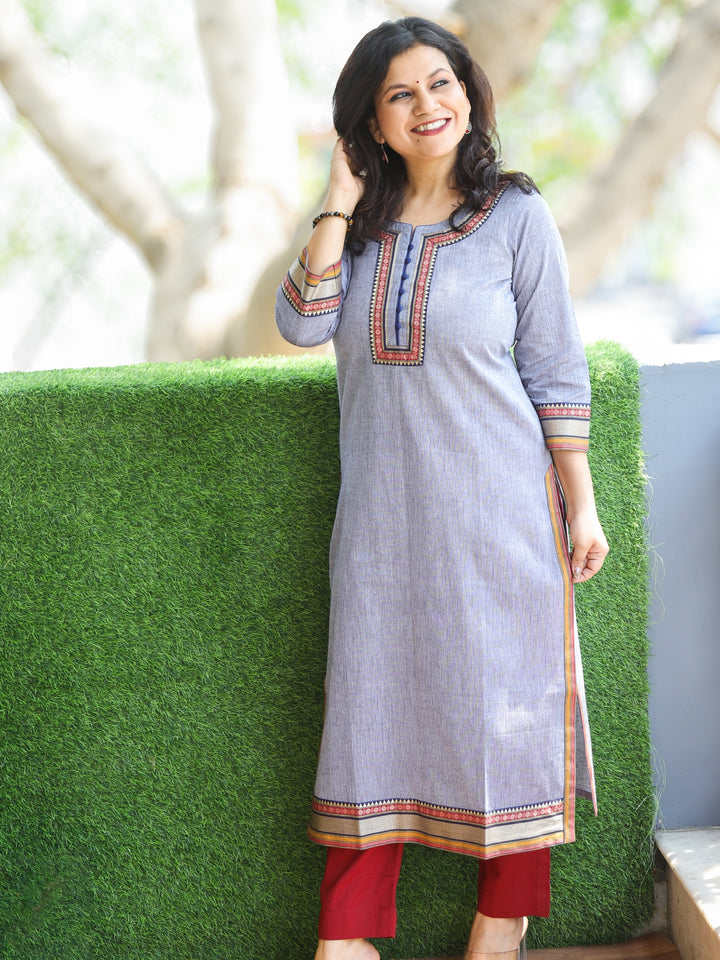 Sunaina Grayish Blue Lace Work on Neck and Hem South Cotton Kurti