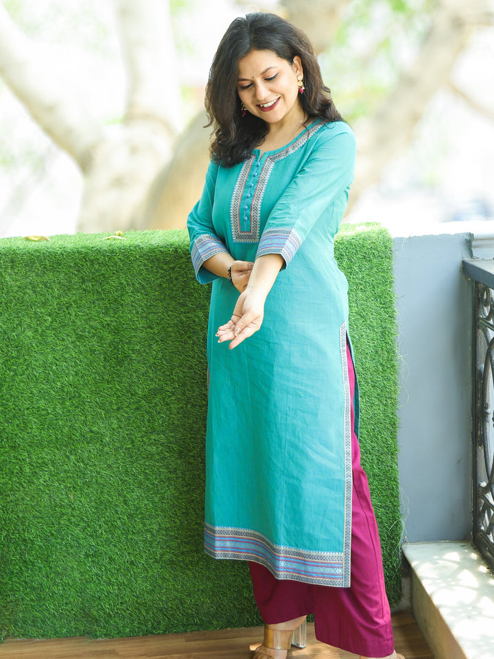 Sunaina Cool Cyan Aqua Lace Work on Neck and Hem South Cotton Kurti