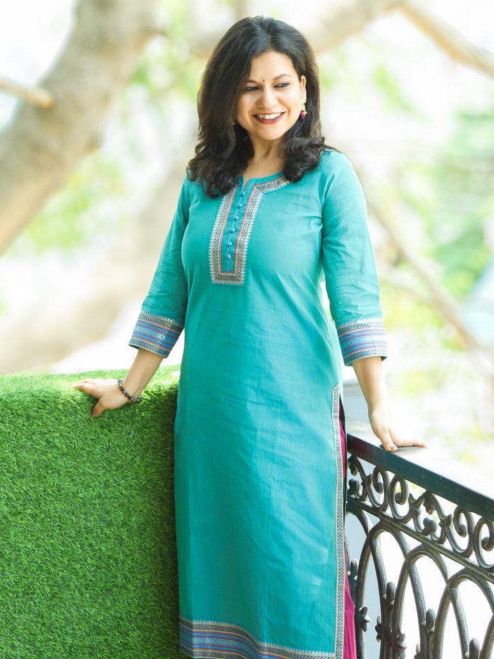 Sunaina Cool Cyan Aqua Lace Work on Neck and Hem South Cotton Kurti