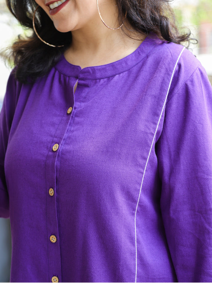 Rani Orchid Purple Ban Collar with Piping and Button Work Short Cotton Shirt