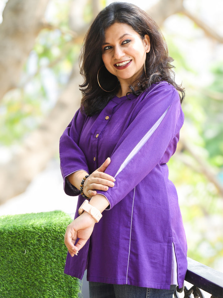 Rani Orchid Purple Ban Collar with Piping and Button Work Short Cotton Shirt