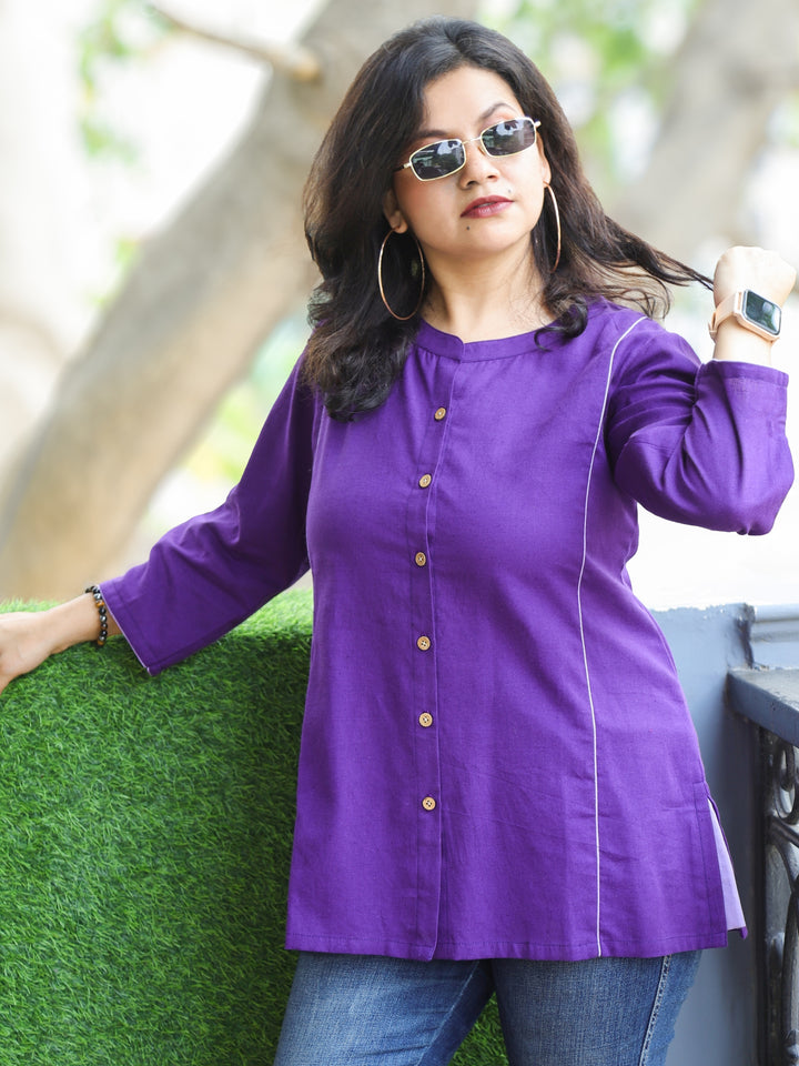 Rani Orchid Purple Ban Collar with Piping and Button Work Short Cotton Shirt