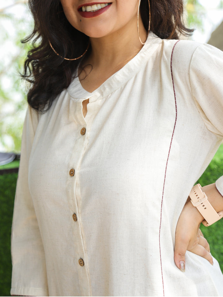 Rani Shell White Ban Collar with Piping and Button Work Short Cotton Shirt