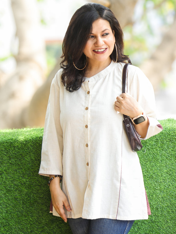 Rani Shell White Ban Collar with Piping and Button Work Short Cotton Shirt