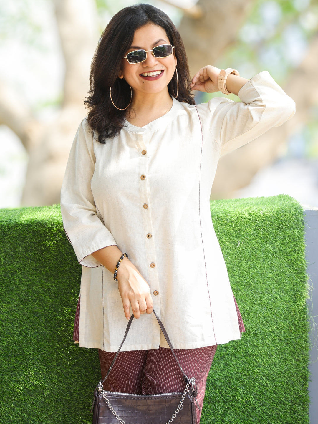 Rani Shell White Ban Collar with Piping and Button Work Short Cotton Shirt