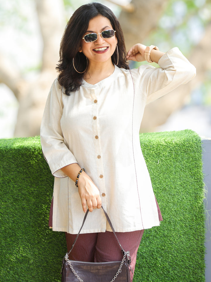 Rani Shell White Ban Collar with Piping and Button Work Short Cotton Shirt
